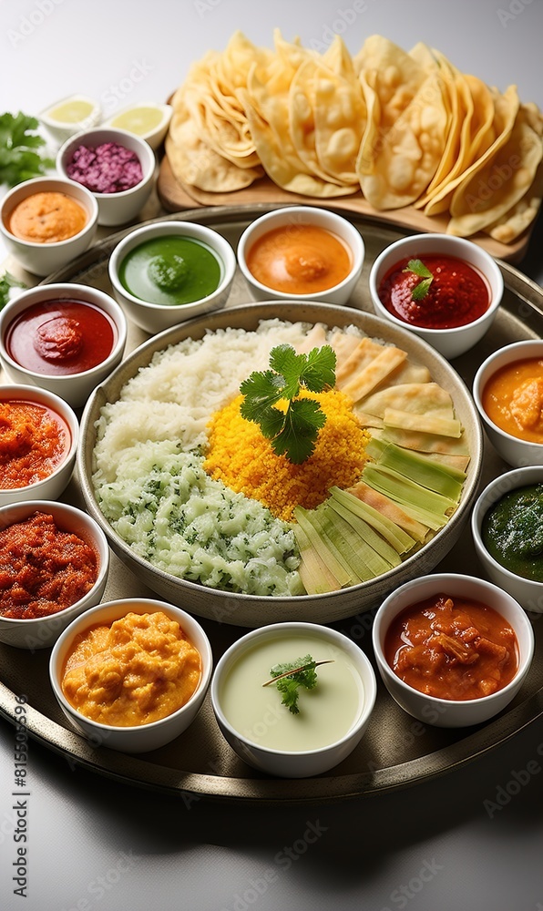Indian ethnic food buffet on white concrete table top view: curry, samosa, rice biryani, dal, paneer, chapatti, naan, chicken tikka masala, mango lassi, dishes of India dinner background Indian ethnic food buffet on white concrete table top view: curry, samosa, rice biryani, dal, paneer, chapatti, naan, chicken tikka masala, mango lassi, dishes of India dinner background