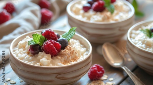 Rice pudding with raspberries and red currants garnished with mint.