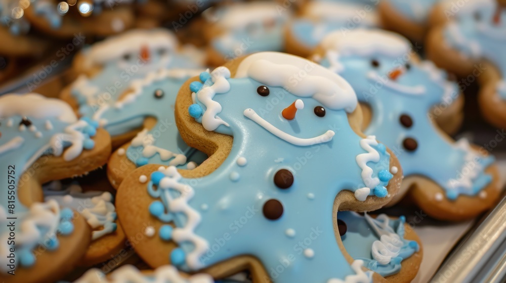 Decorated snowman cookies in a bakery display. Close-up food photography.