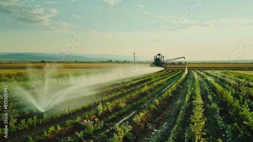 Modern irrigation system watering rows of crops on a farm during sunrise.