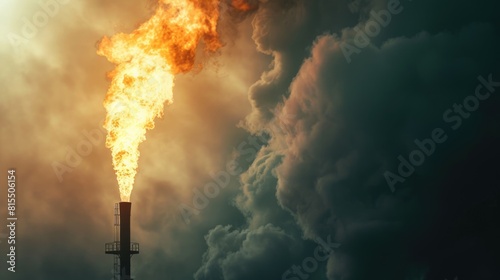 Industrial gas flare burning against a stormy sky. Environmental pollution concept.