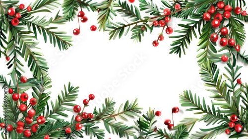 Christmas holly frame with red berries and green leaves on a white background.