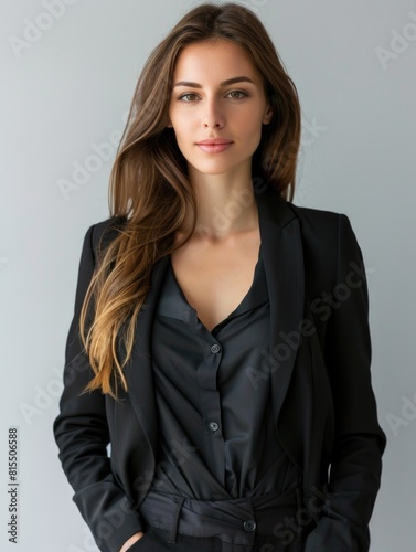 Confident Businesswoman in Black Suit with Arms Crossed