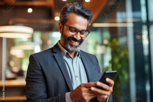 Smiling Businessman Using Smartphone in Modern Office