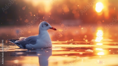A European herring gull swimming and standing at the calm lake shore at sunset photo