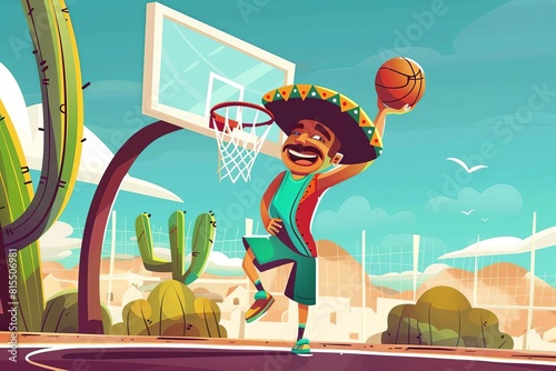 cool mexican basketball player shooting hoops on outdoor court cartoon vector