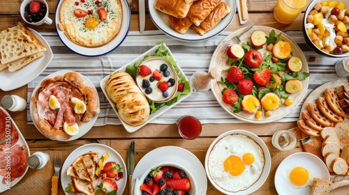 Assorted Breakfast Foods on a Rustic Wooden Table
