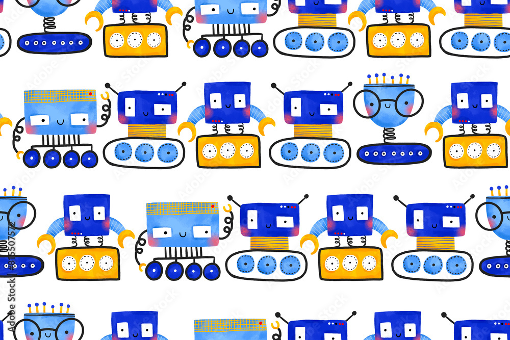 Seamless background with blue and yellow electronic robots. Cartoon cyborgs and machinery characters. Isolated toy characters. Endless pattern Seamless background with blue and yellow electronic robots. Cartoon cyborgs and machinery characters. Isolated toy characters. Endless pattern