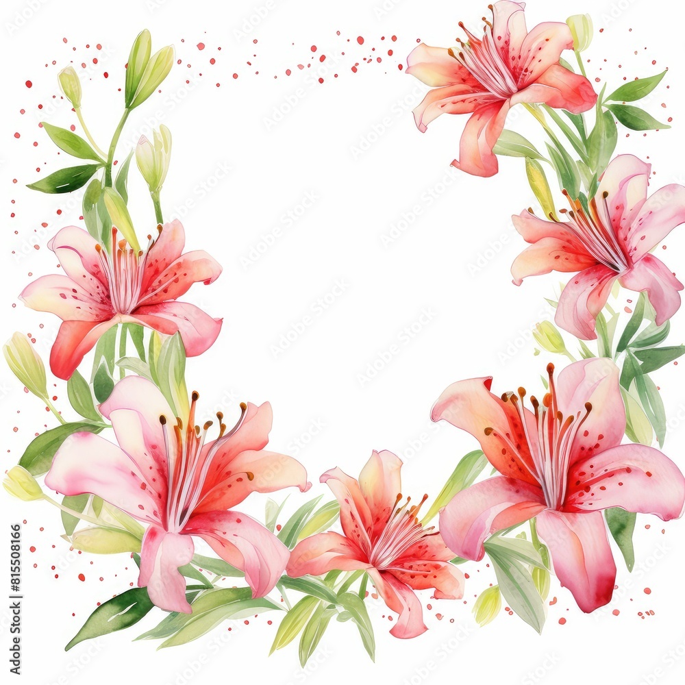 Fototapeta premium alstroemeria themed frame or border for photos and text. colorful blooms with speckled petals. Delicate floral illustration for wedding, greeting cards, jewelry and other designs.