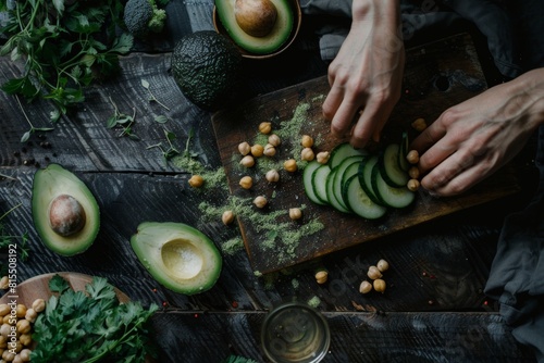 A person's hands carefully preparing plantbased food, such as avocado and chickpeas on wooden board, surrounded by fresh vegetables in dark kitchen background.