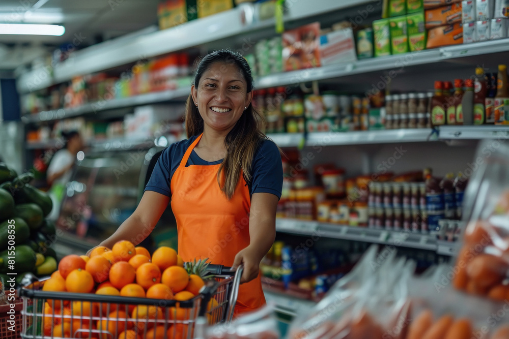 young happy woman purchasing vegetables at supermarket.
