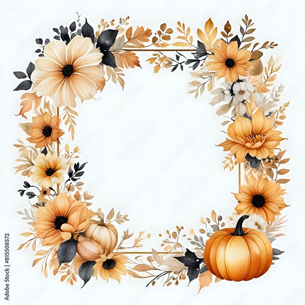A frame of flowers and a pumpkin with a stem. The frame is gold and white. The flowers are yellow and black A frame of flowers and a pumpkin with a stem. The frame is gold and white. The flowers are yellow and black