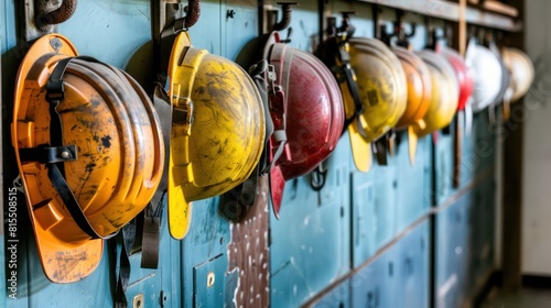 A row of safety hard hats hanging on hooks in a locker room or storage area, illustrating readiness for work and adherence to safety