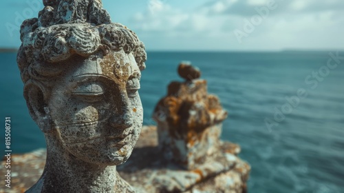 A sculpture of a woman on a rock, gazing out over the vast ocean in a serene natural landscape, with the sky and water blending seamlessly AIG50 © Summit Art Creations