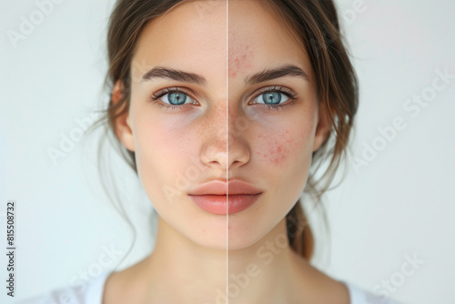 Comparison of a woman face skin before and after treatment