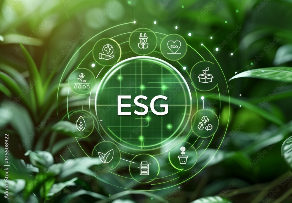 A virtual circle with text ESG and environmental icons