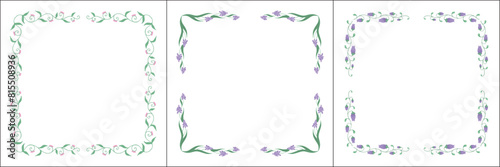 Set of three green vegetal vector frames with purple flowers and leaves. Square frames. Vector frame for all sizes and formats. Isolated vector illustration.	
