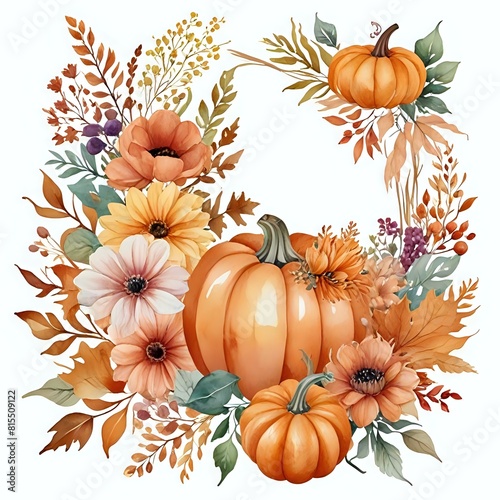 A wreath of flowers and pumpkins with a yellow background