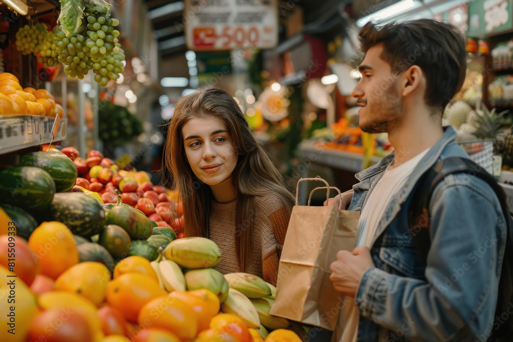 Young couple purchasing fruits at market Young couple purchasing fruits at market