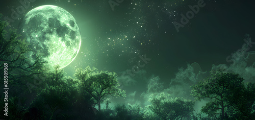 Dark Dense forest with trees and big moon with moonlight 3d render High quality photo