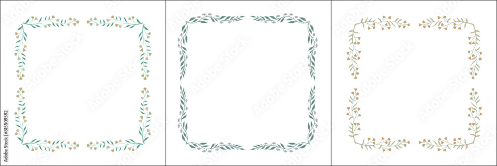 Set of three vegetal vector frames with blue and pink flowers. Square frames. Vector frame for all sizes and formats. Isolated vector illustration.