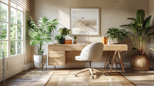 stylish home office corner with a desk  chair  and potted plants