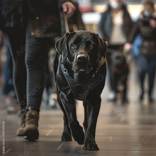Confident guide dog leading through a crowded public area, concentrated expression, high activity