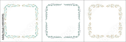 Set of three vegetal vector frames with blue and pink flowers. Square frames. Vector frame for all sizes and formats. Isolated vector illustration.