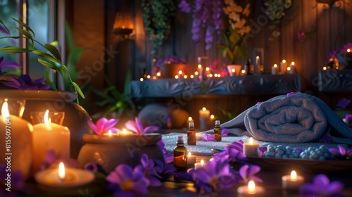 spa scene with candles, essential oils, and a person receiving a massage