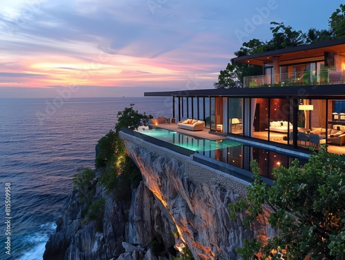 A luxury villa perched on a cliff overlooking the ocean, with floortoceiling windows and an infinity pool blending into the horizon