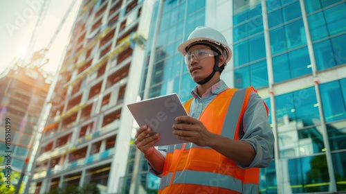 engineer wearing white safety helmet using a digital tablet with blur modern building and blue sky background