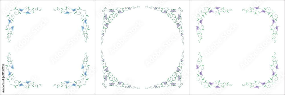 Set of three green elegant vegetal vector frames with butterflies. Vector frame for all sizes and formats. Isolated vector illustration.	

