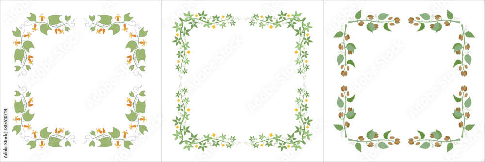 Set of three green vegetal vector frames with leaves and flowers. Climbing vines. Vector frame for all sizes and formats. Isolated vector illustration.
Set of three green vegetal vector frames with leaves and flowers. Climbing vines. Vector frame for all sizes and formats. Isolated vector illustration.