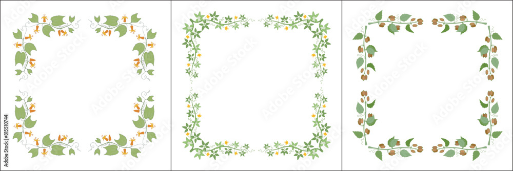 Set of three green vegetal vector frames with leaves and flowers. Climbing vines. Vector frame for all sizes and formats. Isolated vector illustration.	
