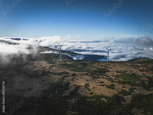 campo de energias eolicas renovables entre las nubes photo