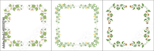 Set of three green vegetal vector frames with leaves and flowers. Climbing vines. Vector frame for all sizes and formats. Isolated vector illustration. 