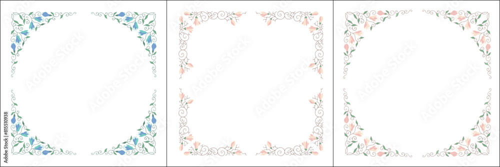 Set of three vegetal vector frames with magnolia leaves and flowers. Vector frame for all sizes and formats. Isolated vector illustration.
Set of three vegetal vector frames with magnolia leaves and flowers. Vector frame for all sizes and formats. Isolated vector illustration.