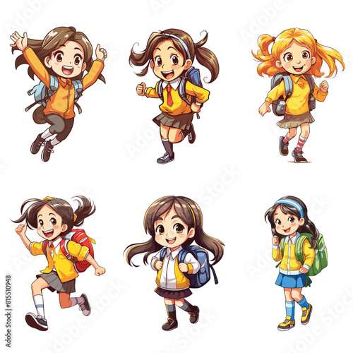 Girl children with the backpack going to school. Cartoon characters Girl school kids isolated on white background vector illustration