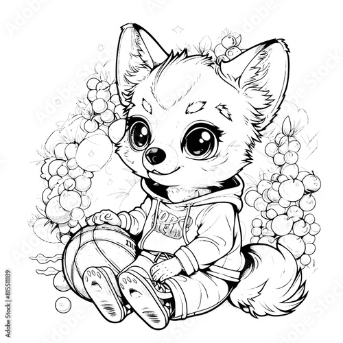 Fox in flowers with a basketball illustration clip art coloring book black and white for kids and adults isolated line art on white background.