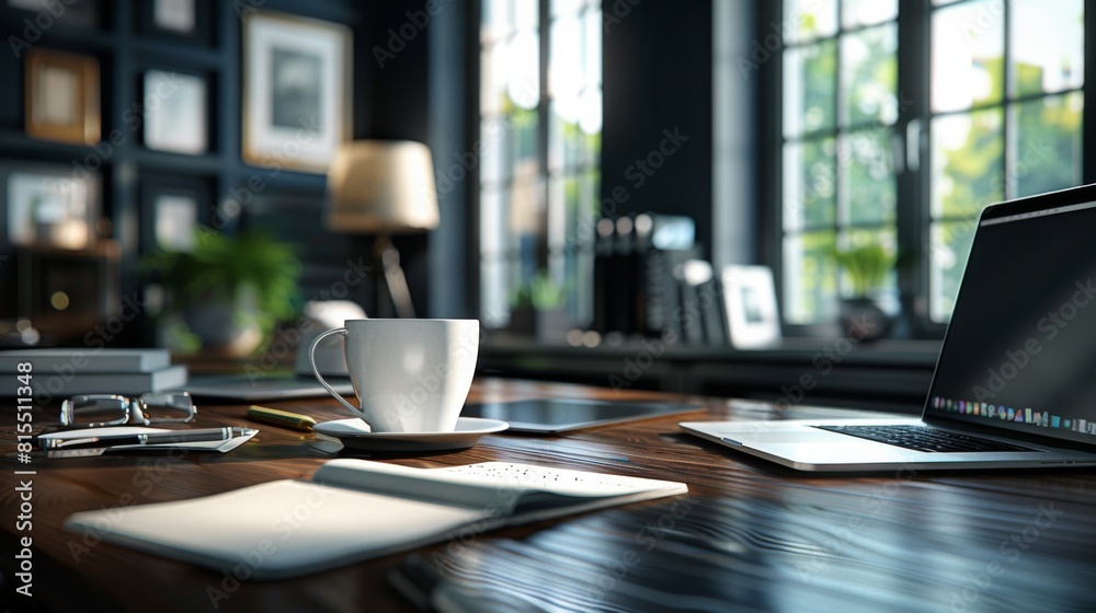 productive workspace with a laptop, coffee cup, and notepad productive workspace with a laptop, coffee cup, and notepad
