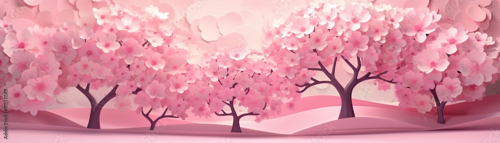 Blossom cherry trees in park, spring bloom, festive mood, soft pink, papercut 3D style Blossom cherry trees in park, spring bloom, festive mood, soft pink, papercut 3D style