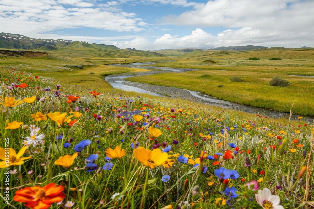 Obraz premium A field of vibrant wildflowers stretching to the horizon, a winding river cutting through, panoramic