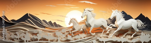 Galloping horses across open plains  wild and free  spirit of adventure  papercraft animal  papercut 3D style