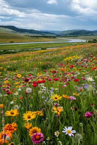 A field of vibrant wildflowers stretching to the horizon, a winding river cutting through, panoramic