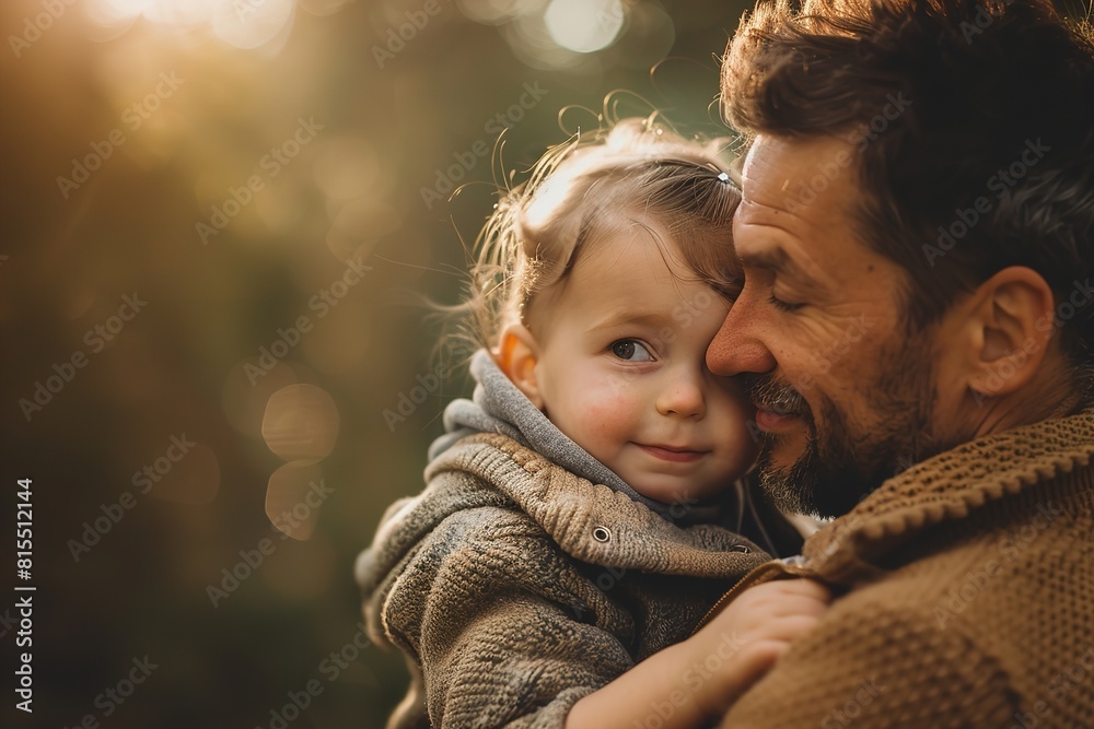 Obraz premium A man standing in the woods, holding a child in his arms