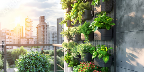 Balcony herb garden concept Modern vertical lush greenery Hydroponic towers with green vegetables on balcony in a big city 
