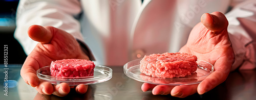 A scientist comparing two types of meat, one regular and one grown in the lab