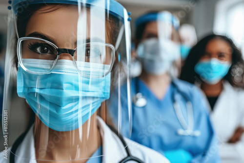 Close up of female nurse in protective facial mask and face shield with her colleagues in the background photo