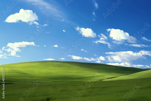 A beautiful summer or spring landscape with green grass on the hills and green fields. The blue sky is filled with white clouds and bright sunlight. Nature as a background.