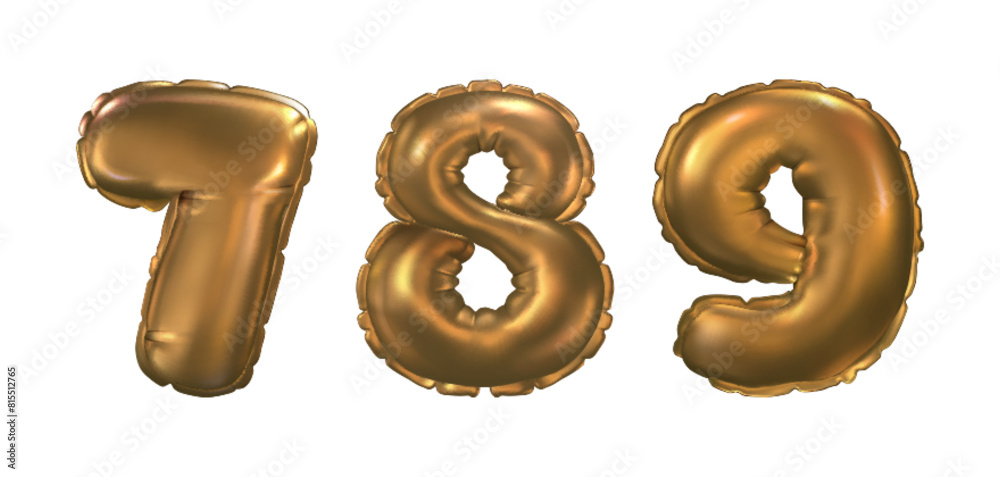 3d gold balloon number for birthday party vector. Anniversary ballon font with 7, 8 and 9 sign isolated. Wedding holiday realistic inflatable helium typography icon design. Golden numeral object 3d gold balloon number for birthday party vector. Anniversary ballon font with 7, 8 and 9 sign isolated. Wedding holiday realistic inflatable helium typography icon design. Golden numeral object